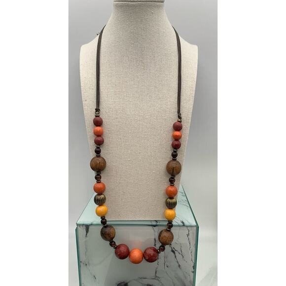 Boho Colorful Chunky Wood Bead Necklace With Cloth Necklace - Picture 3 of 5